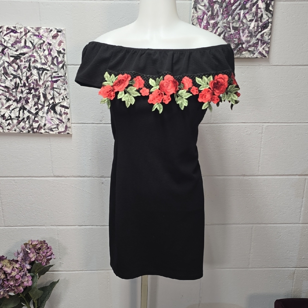 Chic Off-Shoulder Black Dress with Red Floral Accents